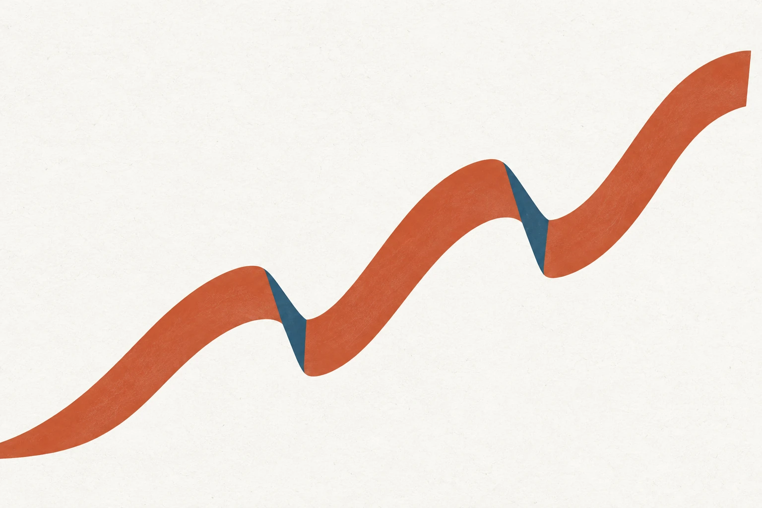 An ascending terracotta wave crosses warm paper, interrupted by two sharp blue downward folds. Conceptual editorial illustration, not market data.
